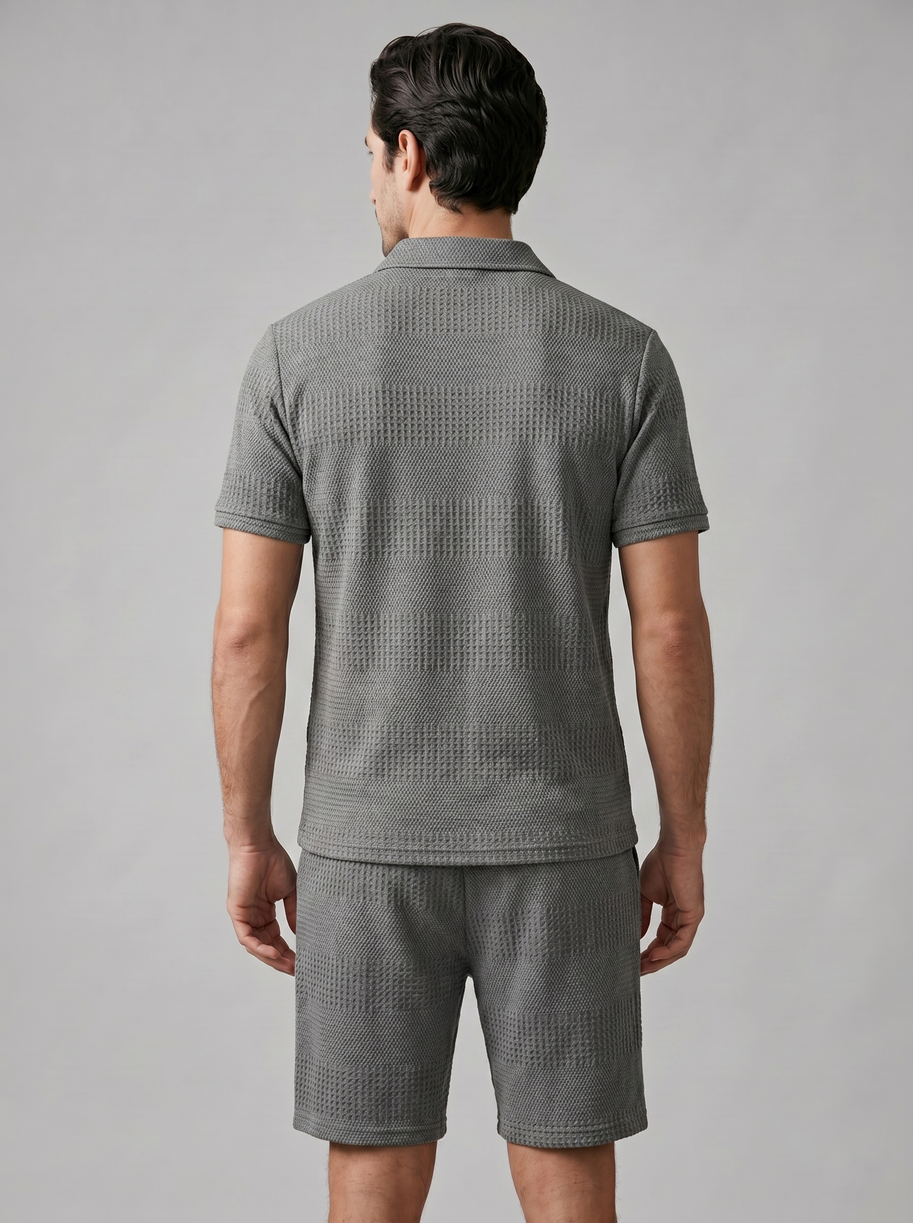 Men's Textured Waffle Knit Polo Top And Drawstring Shorts Set