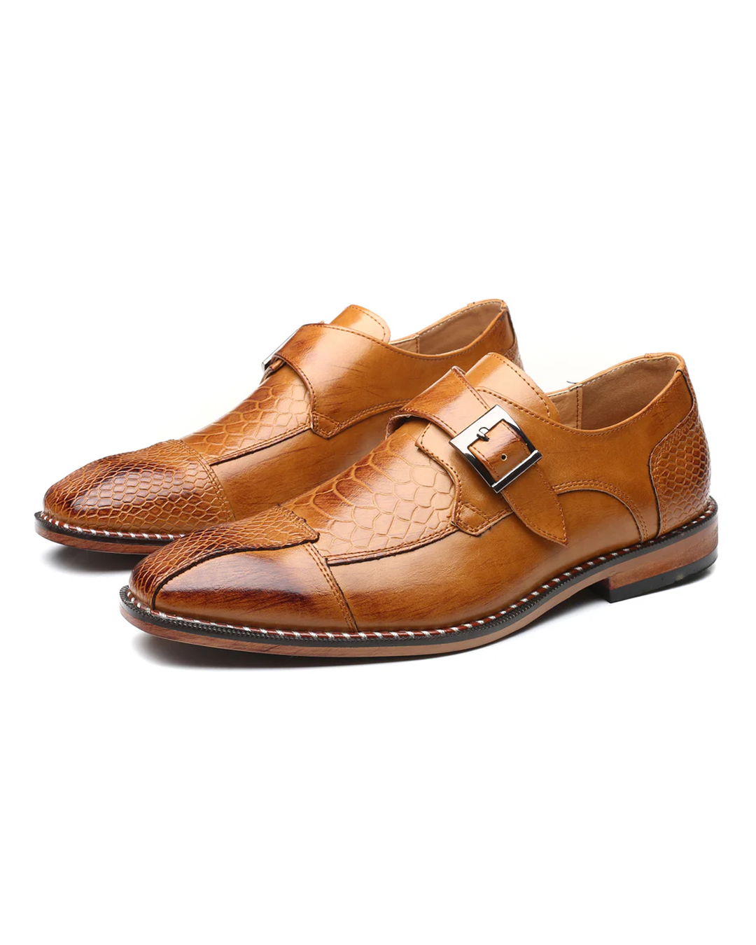 Mens Crocodile Embossed Leather Monk Strap Flats With Stitched Detail Sole