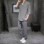 Men's Linen Blend Two Piece Set With V Neck Shirt And Trousers