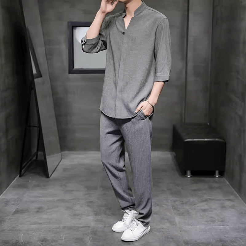 Men's Linen Blend Two Piece Set With V Neck Shirt And Trousers