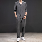 Men's Linen Blend Two Piece Set With V Neck Shirt And Trousers