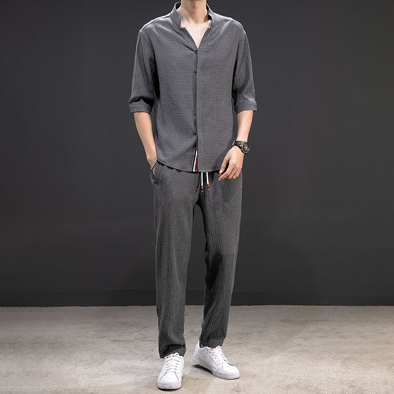 Men's Linen Blend Two Piece Set With V Neck Shirt And Trousers