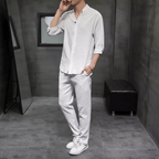 Men's Linen Blend Two Piece Set With V Neck Shirt And Trousers