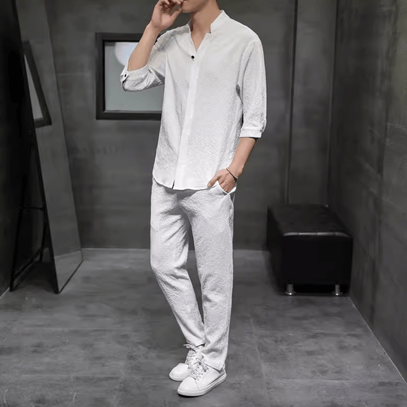 Men's Linen Blend Two Piece Set With V Neck Shirt And Trousers