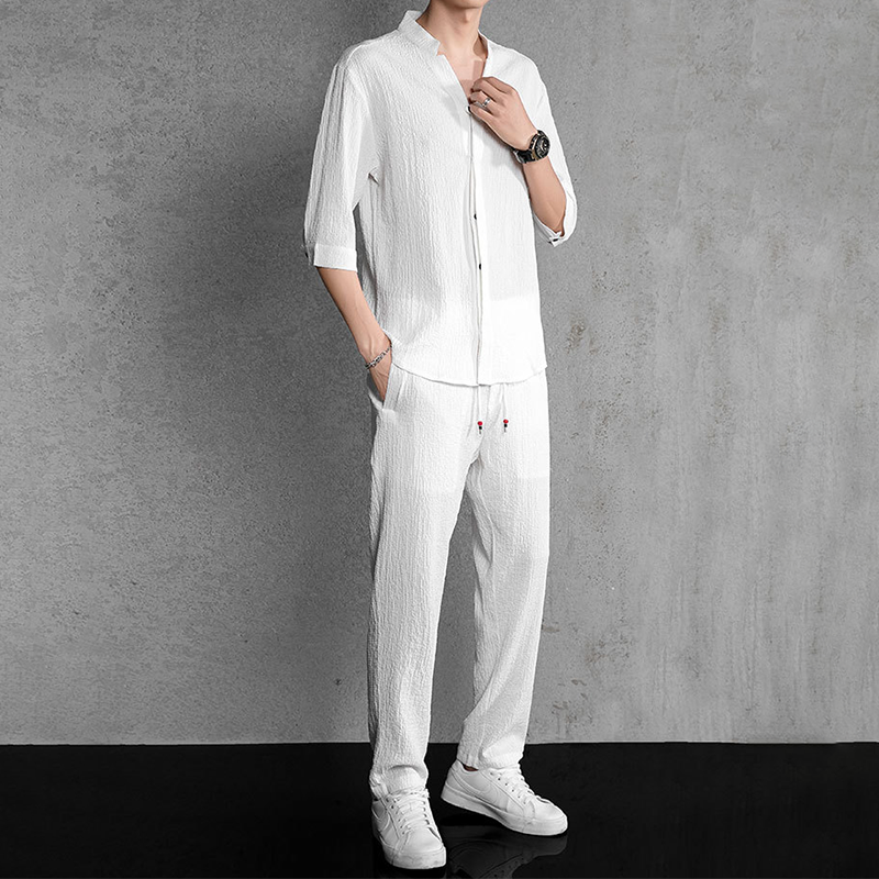 Men's Linen Blend Two Piece Set With V Neck Shirt And Trousers