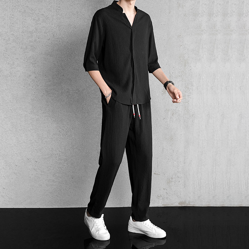 Men's Linen Blend Two Piece Set With V Neck Shirt And Trousers