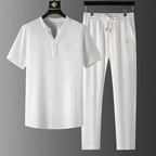Men's Linen Blend Two Piece Set With V Neck Shirt And Trousers