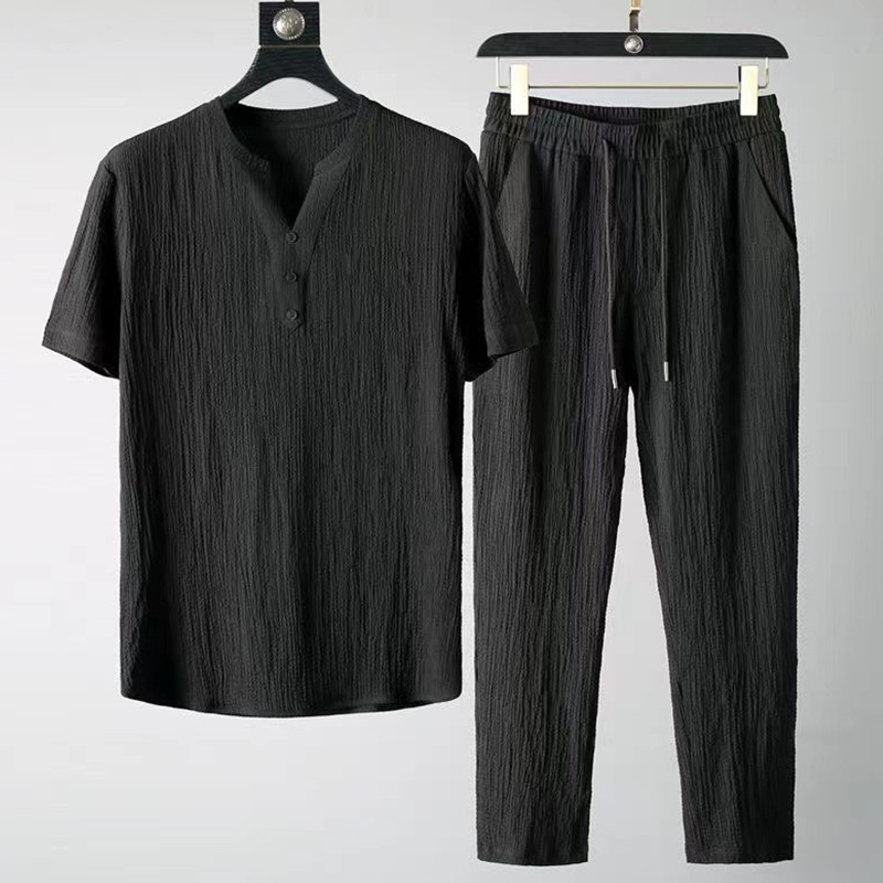 Men's Linen Blend Two Piece Set With V Neck Shirt And Trousers