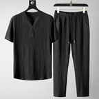 Men's Linen Blend Two Piece Set With V Neck Shirt And Trousers