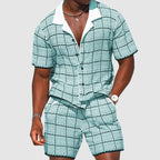 Men's Checked Two Piece Set Short Sleeve Button Front Shirt And Shorts