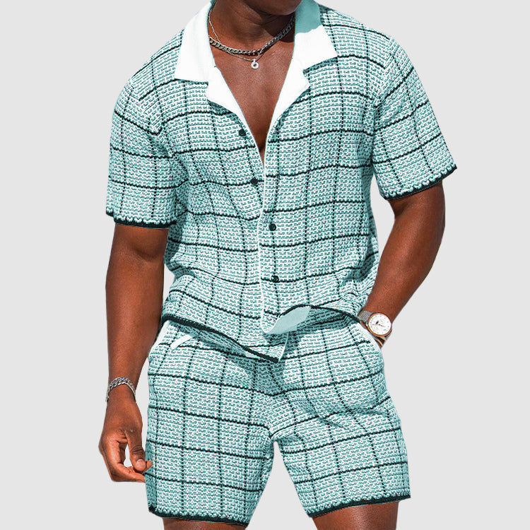Men's Checked Two Piece Set Short Sleeve Button Front Shirt And Shorts