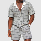 Men's Checked Two Piece Set Short Sleeve Button Front Shirt And Shorts