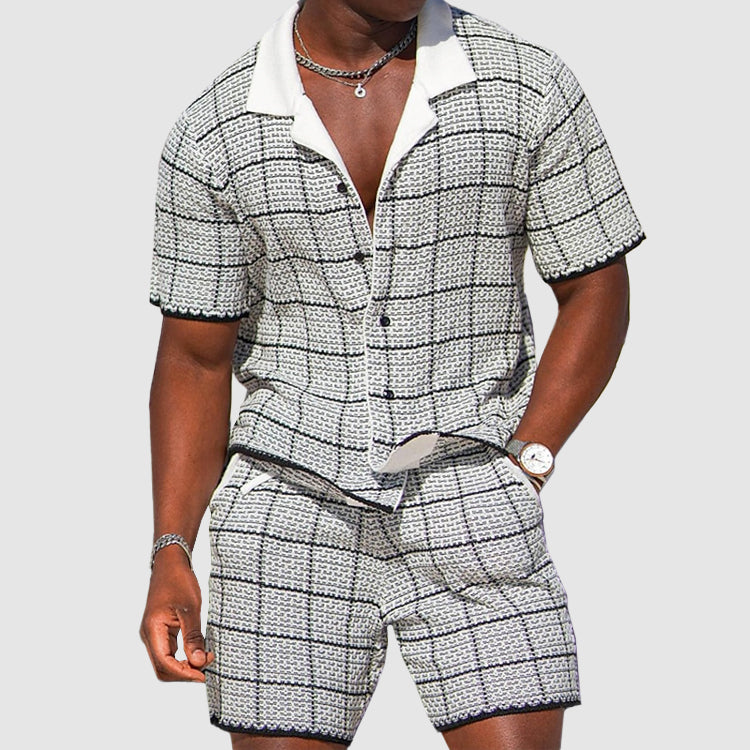 Men's Checked Two Piece Set Short Sleeve Button Front Shirt And Shorts