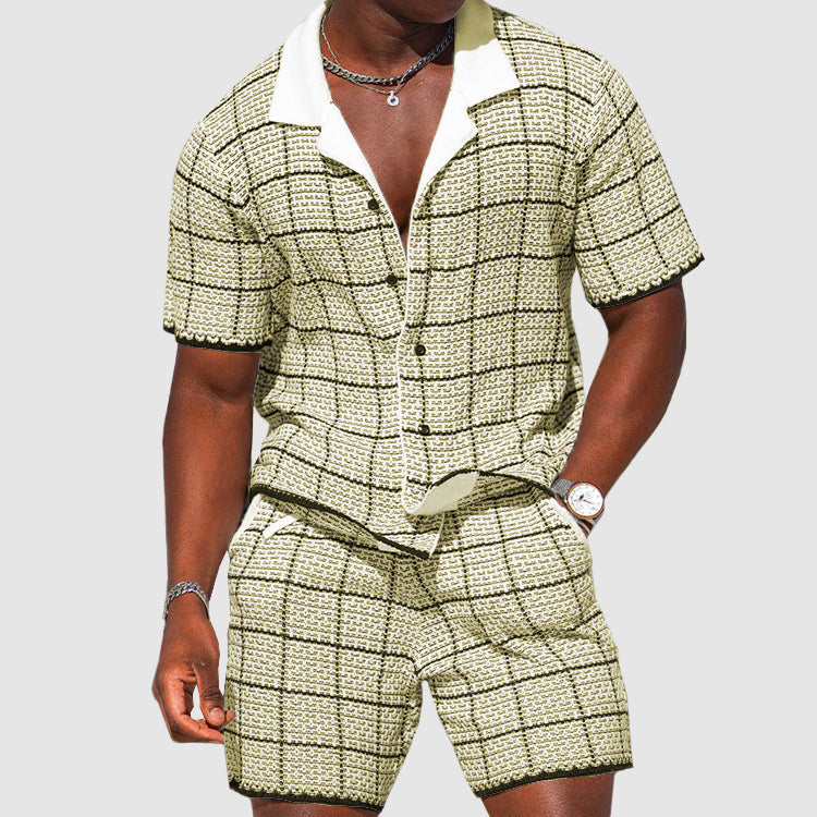 Men's Checked Two Piece Set Short Sleeve Button Front Shirt And Shorts