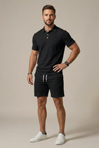 Classic Mens Textured Short Sleeve Polo And Drawstring Shorts Set