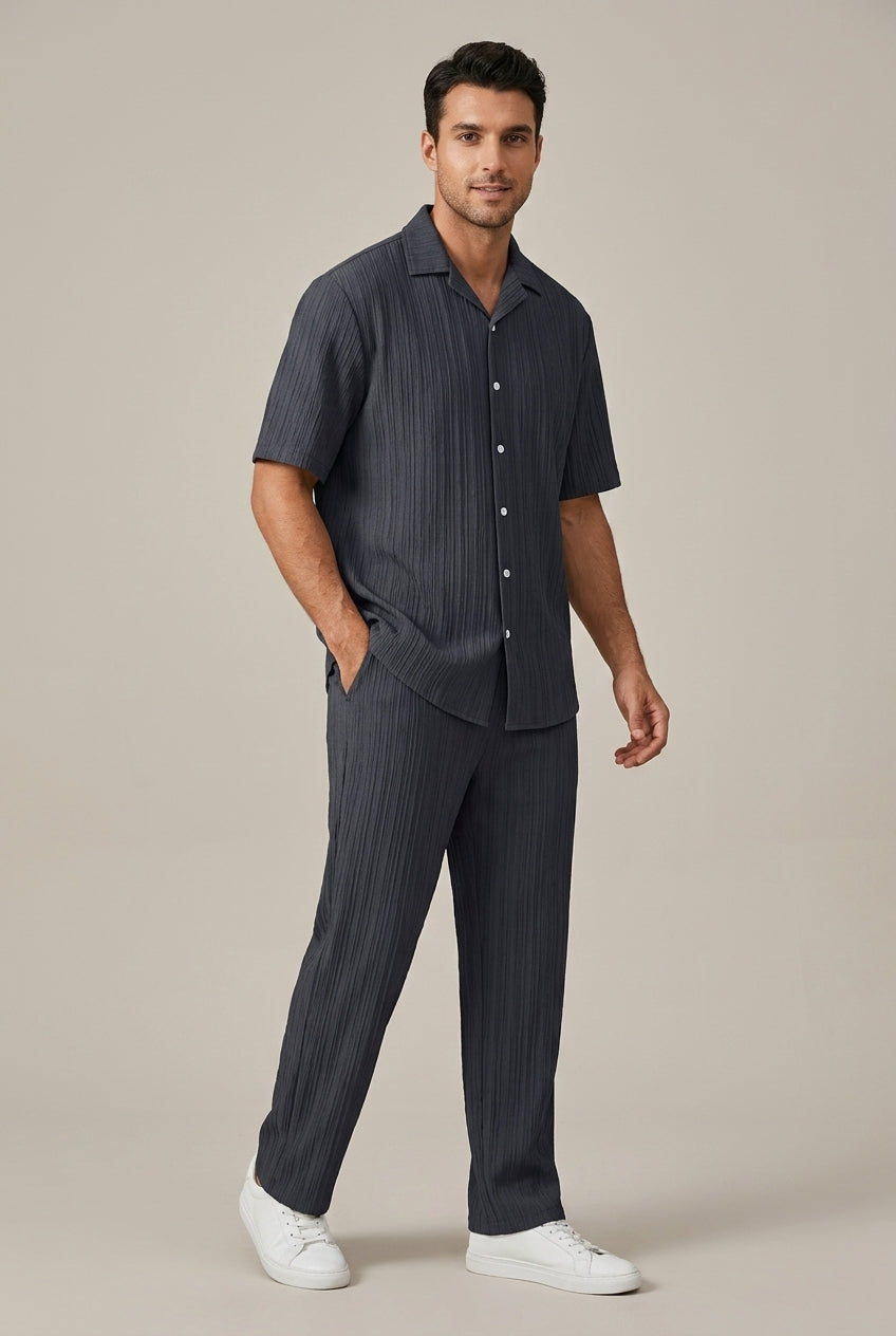 Mens Textured Short Sleeve Shirt With Drawstring Trousers Set