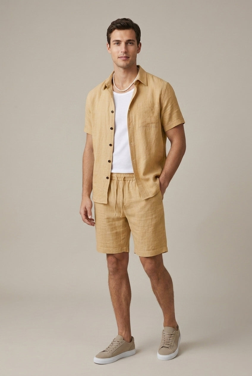 Classic Men's Linen Blend Short Sleeve Shirt With Drawstring Shorts Two Piece Casual Set