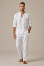 Men's Linen Blend Two Piece Set With Lace Up V Neck Casual Shirt