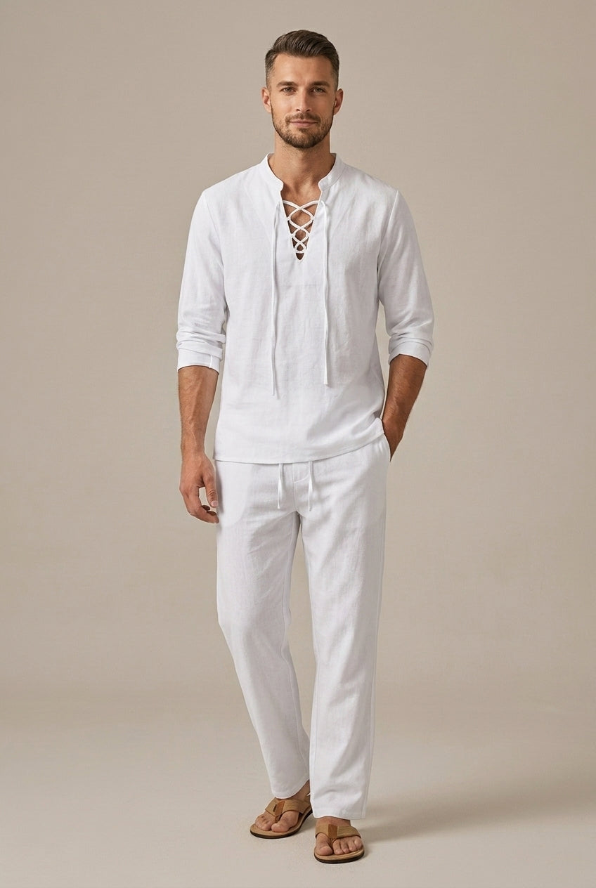 Men's Linen Blend Two Piece Set With Lace Up V Neck Casual Shirt