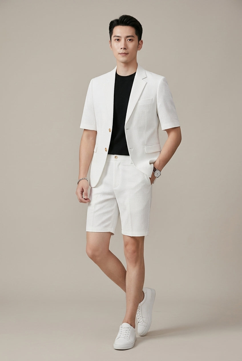 Men's Textured Short Sleeve Single Button Blazer And Shorts Set
