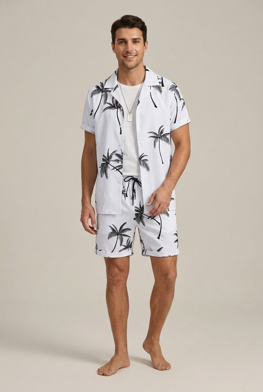 Men Palm Print Short Sleeve Shirt With Drawstring Shorts Summer Set