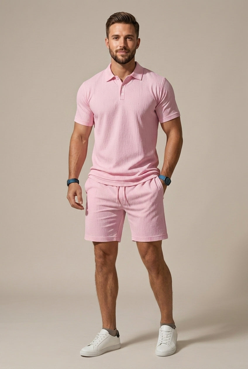 Classic Mens Textured Short Sleeve Polo And Drawstring Shorts Set