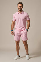 Classic Mens Textured Short Sleeve Polo And Drawstring Shorts Set