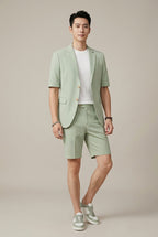 Men's Textured Short Sleeve Single Button Blazer And Shorts Set