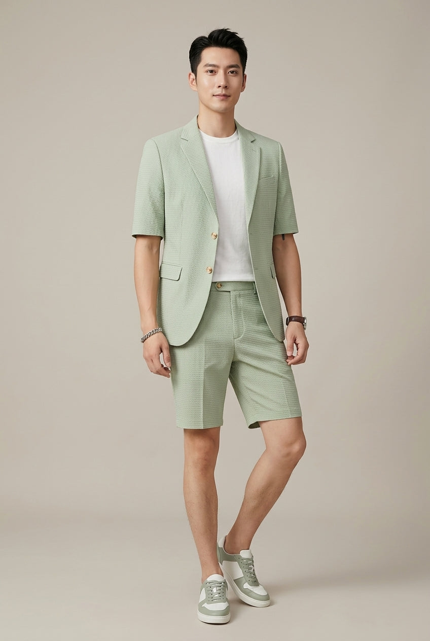 Men's Textured Short Sleeve Single Button Blazer And Shorts Set