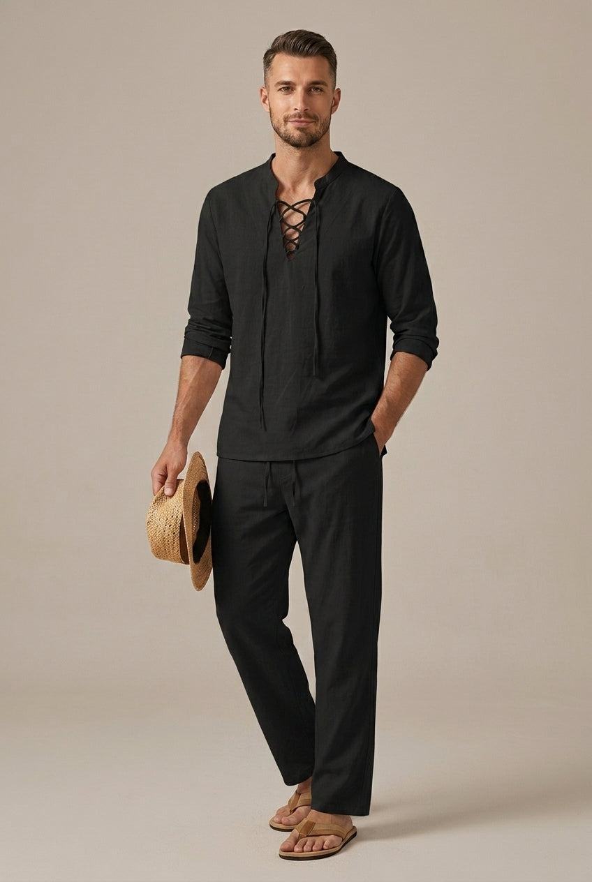 Men's Linen Blend Two Piece Set With Lace Up V Neck Casual Shirt
