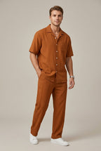 Mens Textured Short Sleeve Shirt With Drawstring Trousers Set