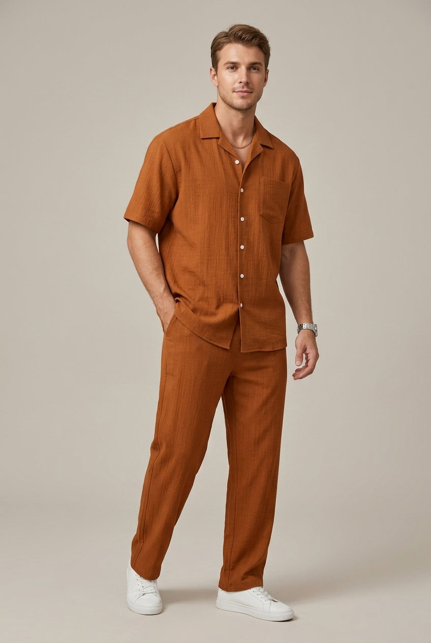 Mens Textured Short Sleeve Shirt With Drawstring Trousers Set