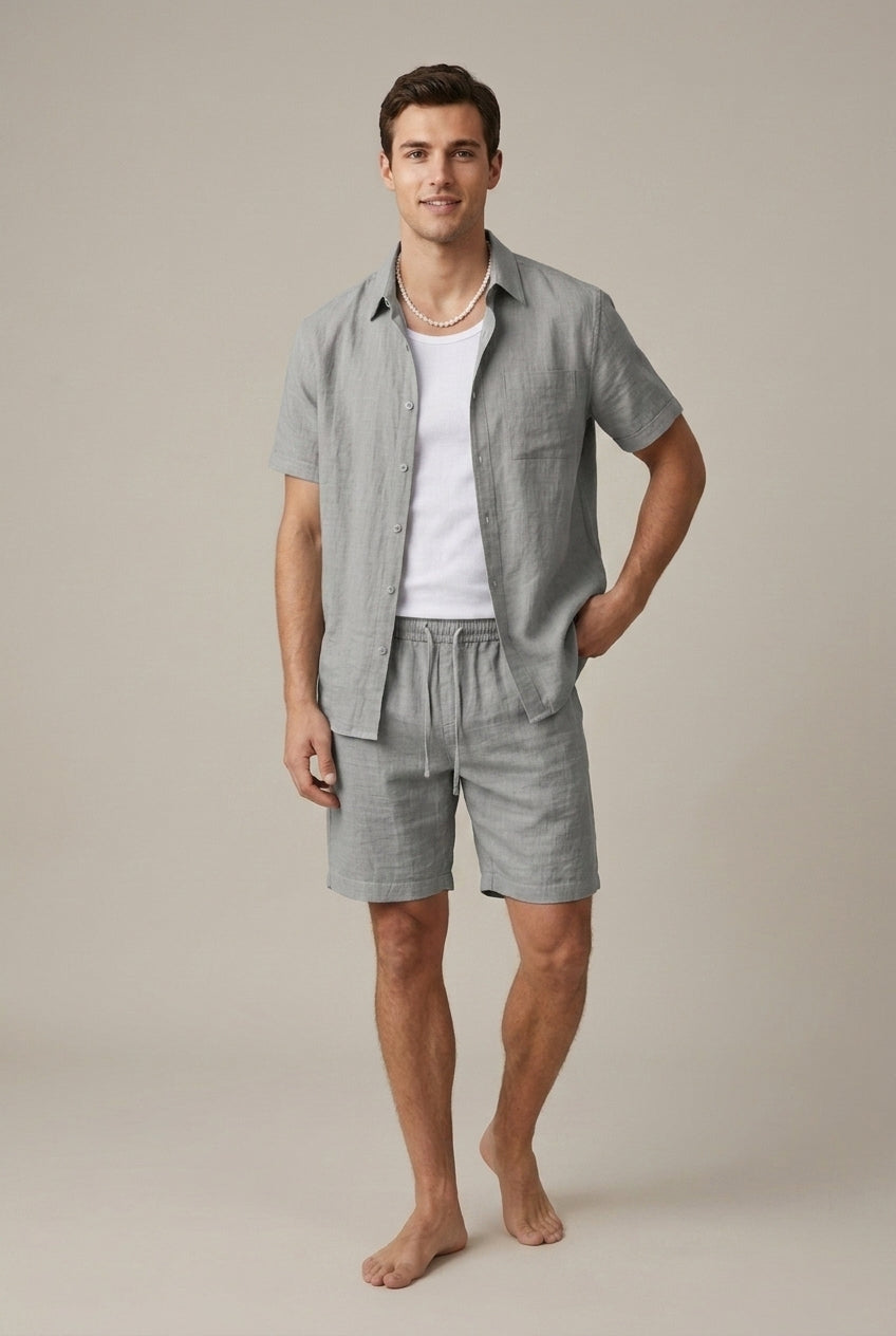 Classic Men's Linen Blend Short Sleeve Shirt With Drawstring Shorts Two Piece Casual Set