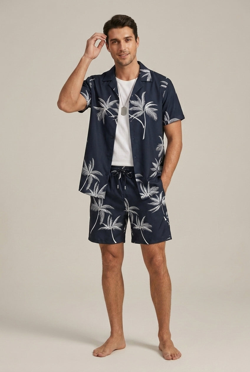 Men Palm Print Short Sleeve Shirt With Drawstring Shorts Summer Set