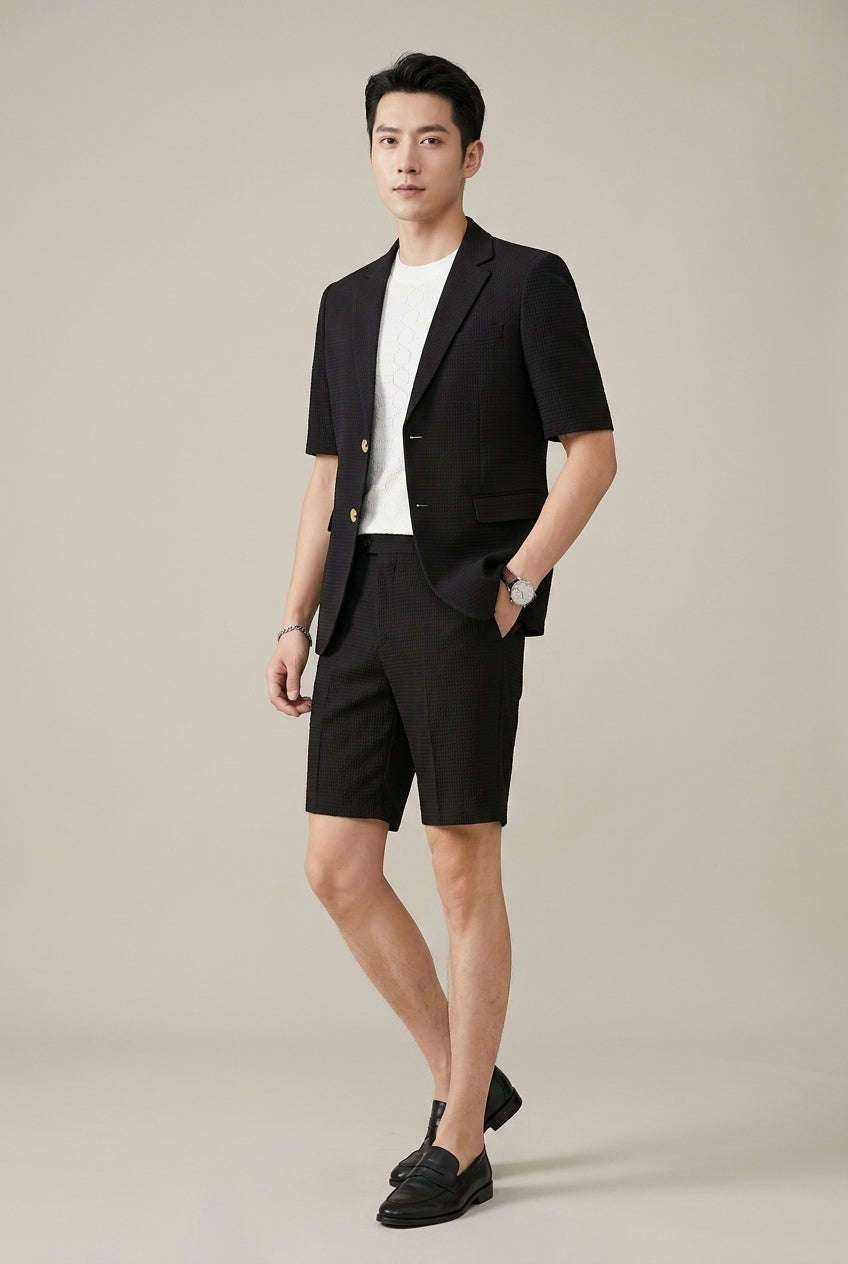 Men's Textured Short Sleeve Single Button Blazer And Shorts Set