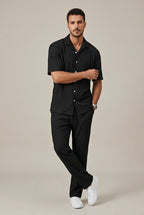 Mens Textured Short Sleeve Shirt With Drawstring Trousers Set