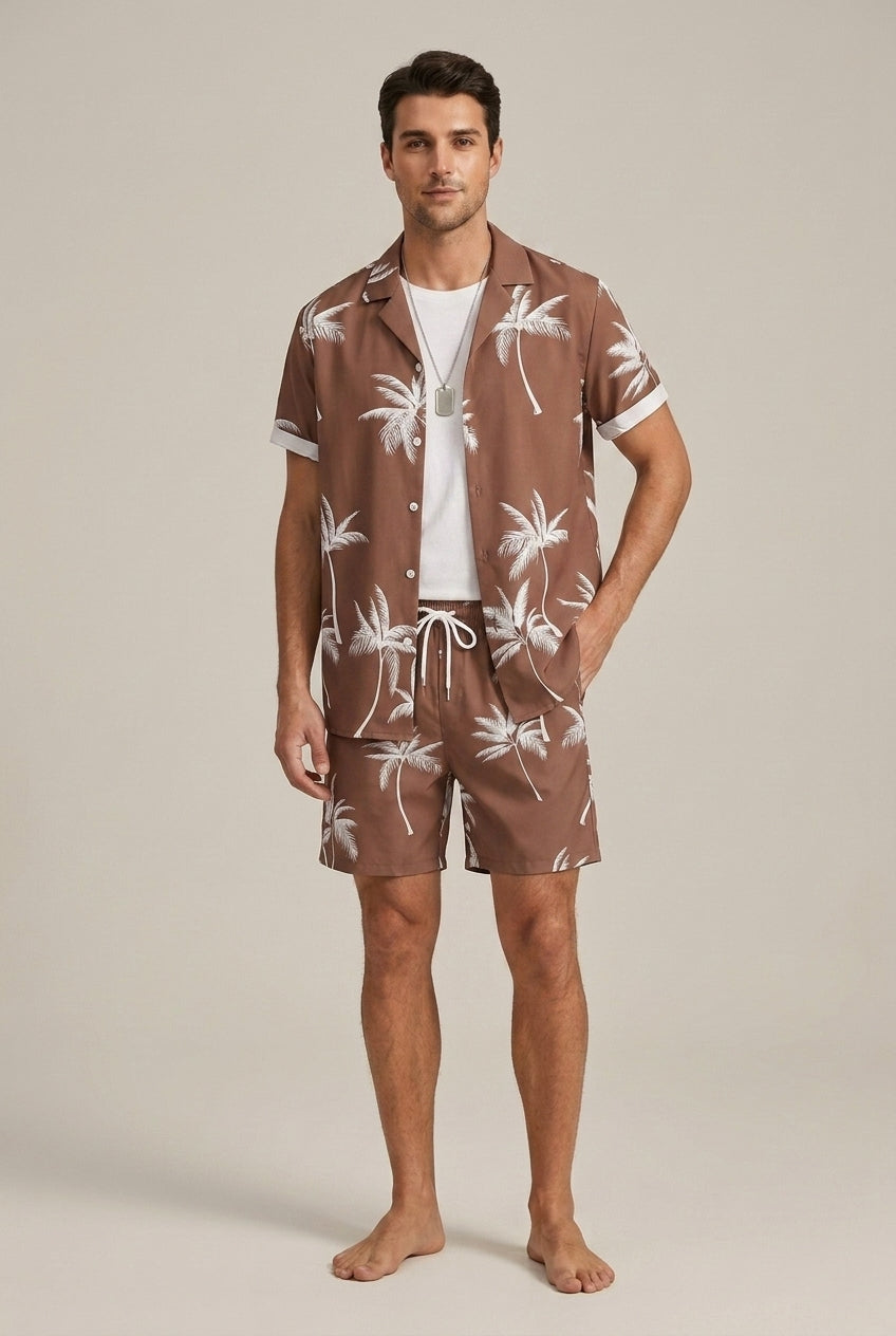 Men Palm Print Short Sleeve Shirt With Drawstring Shorts Summer Set