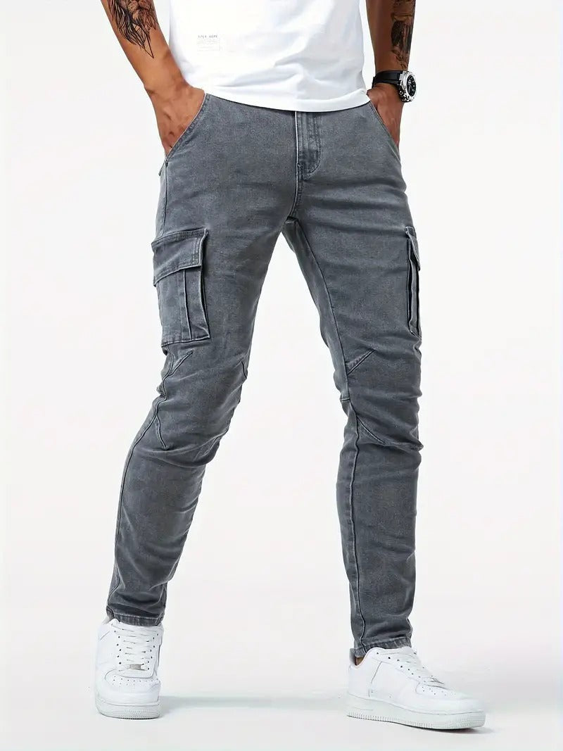 Men's Slim Tapered Cargo Denim Jeans With Utility Flap Pockets