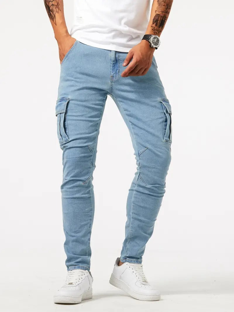 Men's Slim Tapered Cargo Denim Jeans With Utility Flap Pockets