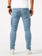 Men's Slim Tapered Cargo Denim Jeans With Utility Flap Pockets