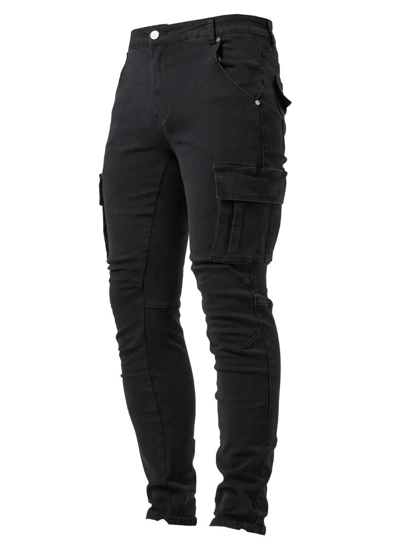 Men's Slim Tapered Cargo Denim Jeans With Utility Flap Pockets
