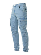 Men's Slim Tapered Cargo Denim Jeans With Utility Flap Pockets