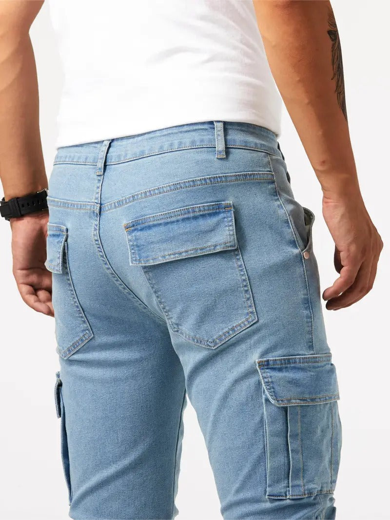 Men's Slim Tapered Cargo Denim Jeans With Utility Flap Pockets