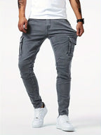 Men's Slim Tapered Cargo Denim Jeans With Utility Flap Pockets