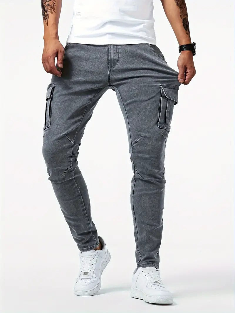 Men's Slim Tapered Cargo Denim Jeans With Utility Flap Pockets